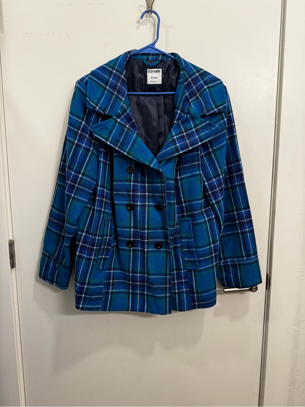 Old Navy Teal and Navy Plaid Double-Breasted Peacoat